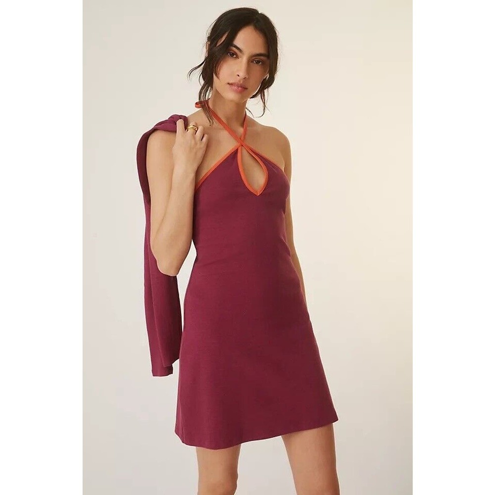 Anthropologie Sweater Dress Set Mini Halter Knit Matching Shrug Small, Plum